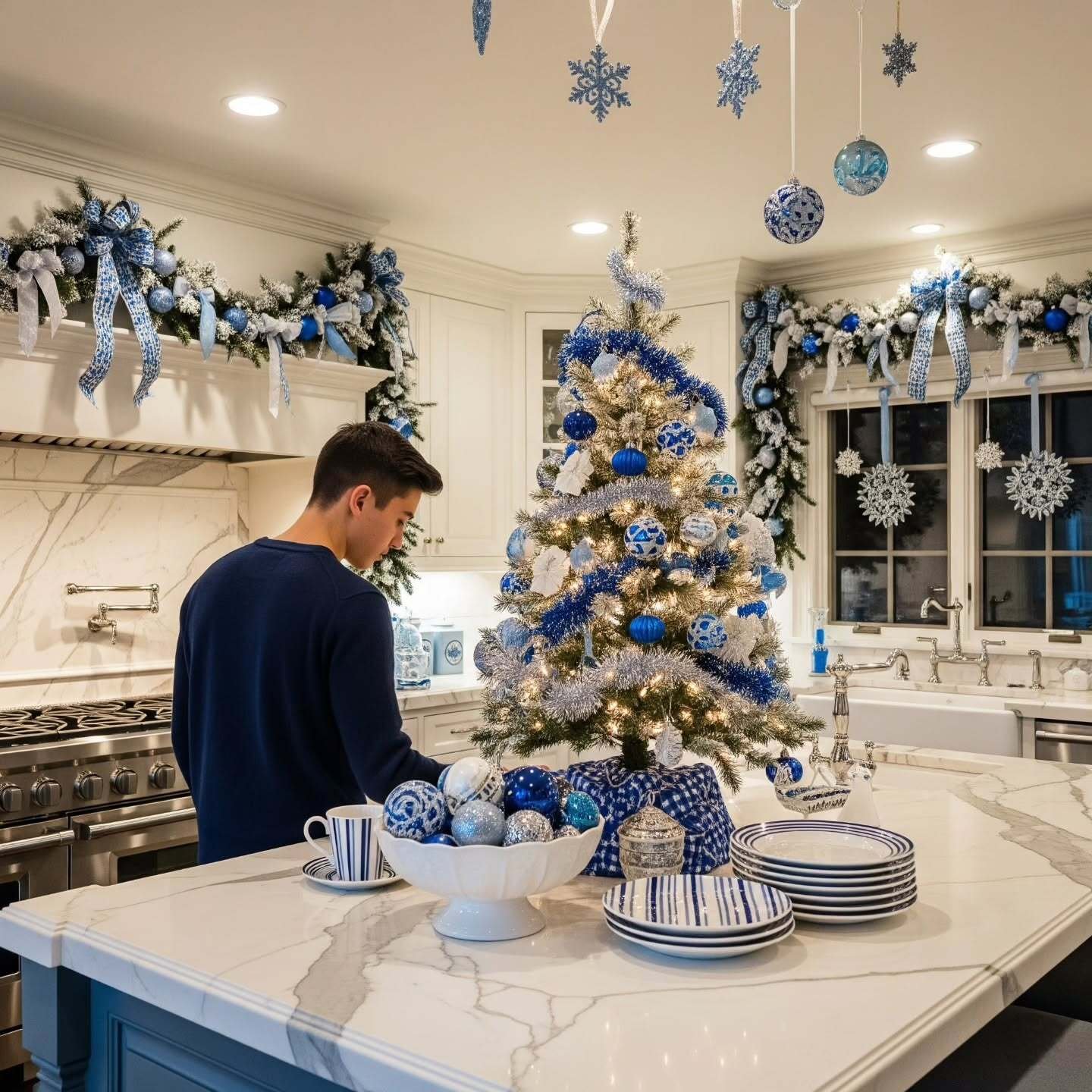 A luxurious white kitchen decorated entirely in a blue, silver, and white winter theme, featuring a centerpiece Christmas tree, frosted blue garland draped over the cabinets and window, and blue and white ornaments in a bowl on the marble island.