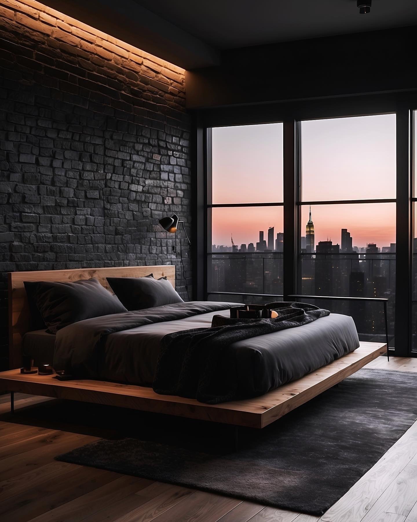 A modern bedroom with a black brick accent wall, a light wood platform bed, and large windows with a view of a city skyline at sunset.