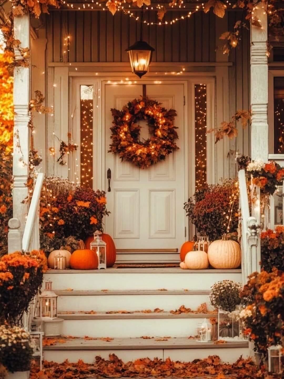A cozy front porch decorated for fall with orange and white pumpkins, planters of mums, and a glowing wreath on the white front door.