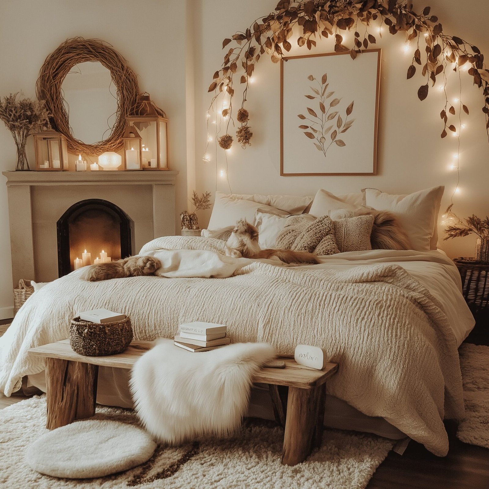 A cozy boho bedroom at night with warm lighting, a fireplace, a rustic bench at the foot of the bed, and a cat curled up on the blankets.
