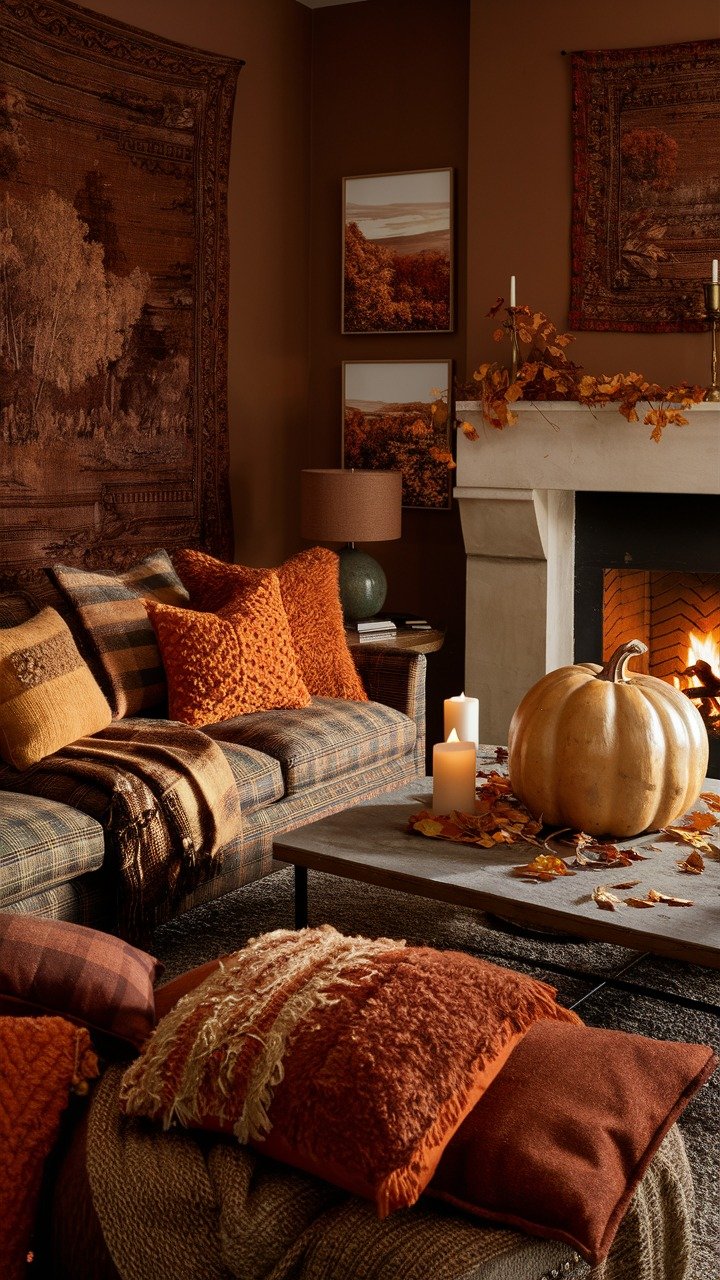Rustic living room with rich brown walls, a plaid sofa with textured orange pillows, and a fireplace with an autumnal setting.