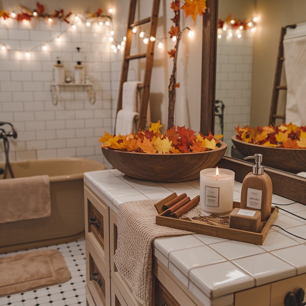 A bathroom with white subway tile walls and string lights, featuring a large wooden bowl of fall leaves and candles on the countertop.