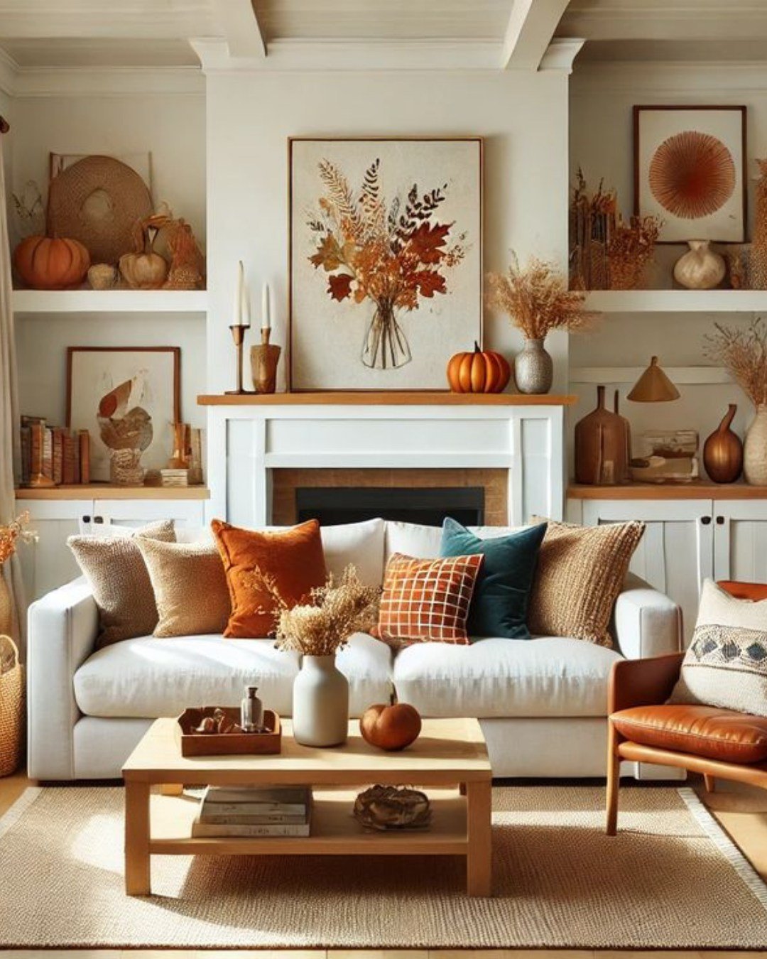 Fall living room with a white sofa, a large art print of fall leaves, and shelves decorated with various pumpkins and dried grasses.