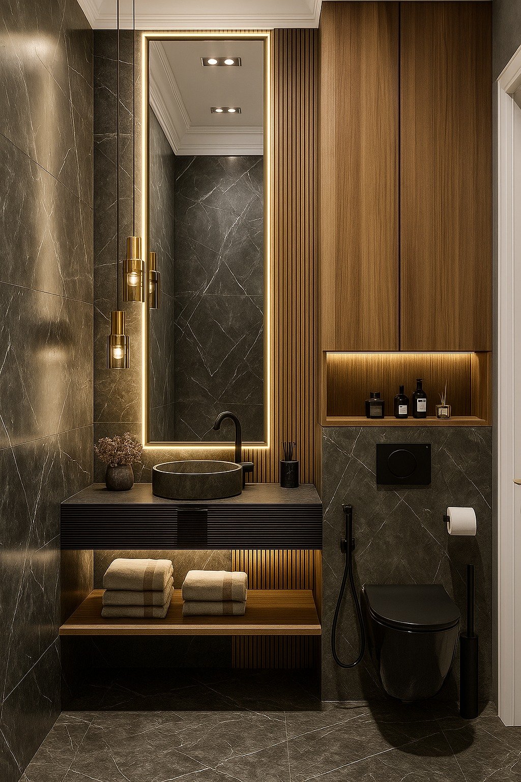 A dark and luxurious bathroom with black marble-effect tiles, a floating wood vanity, and a backlit mirror with gold fixtures.