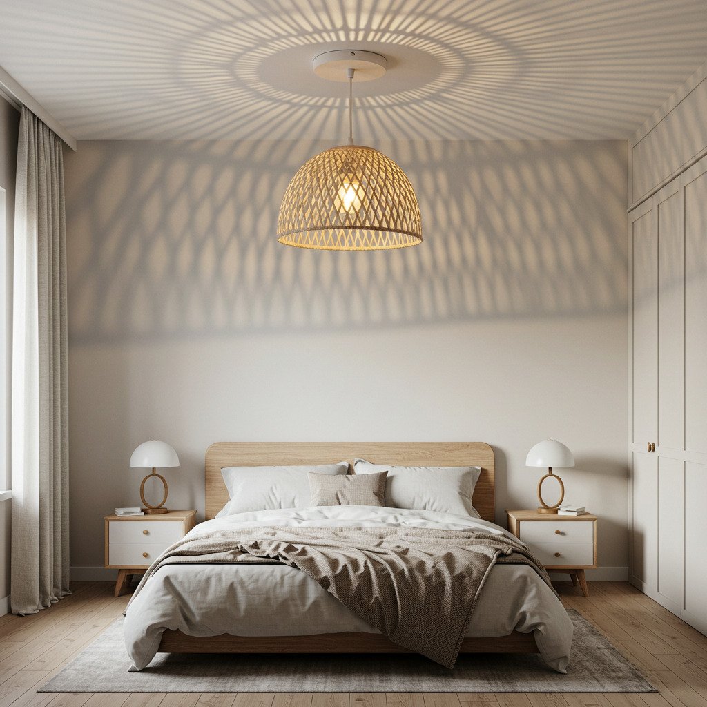 A natural rattan dome-shaped pendant light hangs in the center of a minimalist bedroom, casting an intricate patterned shadow on the ceiling.