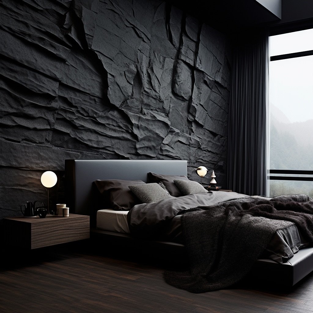 A moody bedroom with a highly textured, black rock wall, dark wood flooring, and a large window looking out onto a misty mountain view.