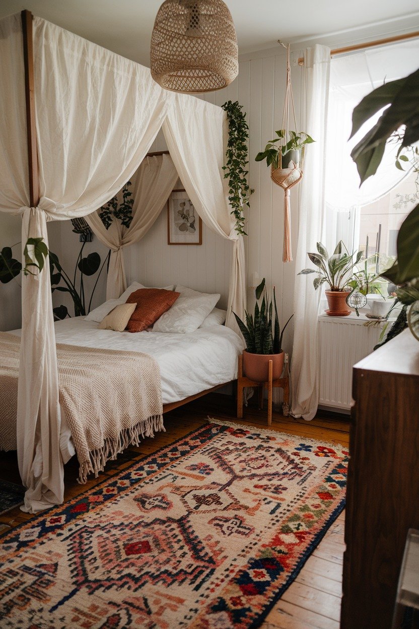 A cozy boho bedroom featuring a wooden canopy bed with flowing white curtains, a colorful patterned rug, and multiple potted plants.