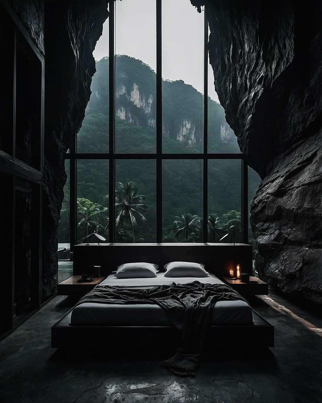 A dramatic and unique bedroom built inside a cave, featuring a modern bed, dark rock walls, and a large window with a view of a tropical mountain landscape.