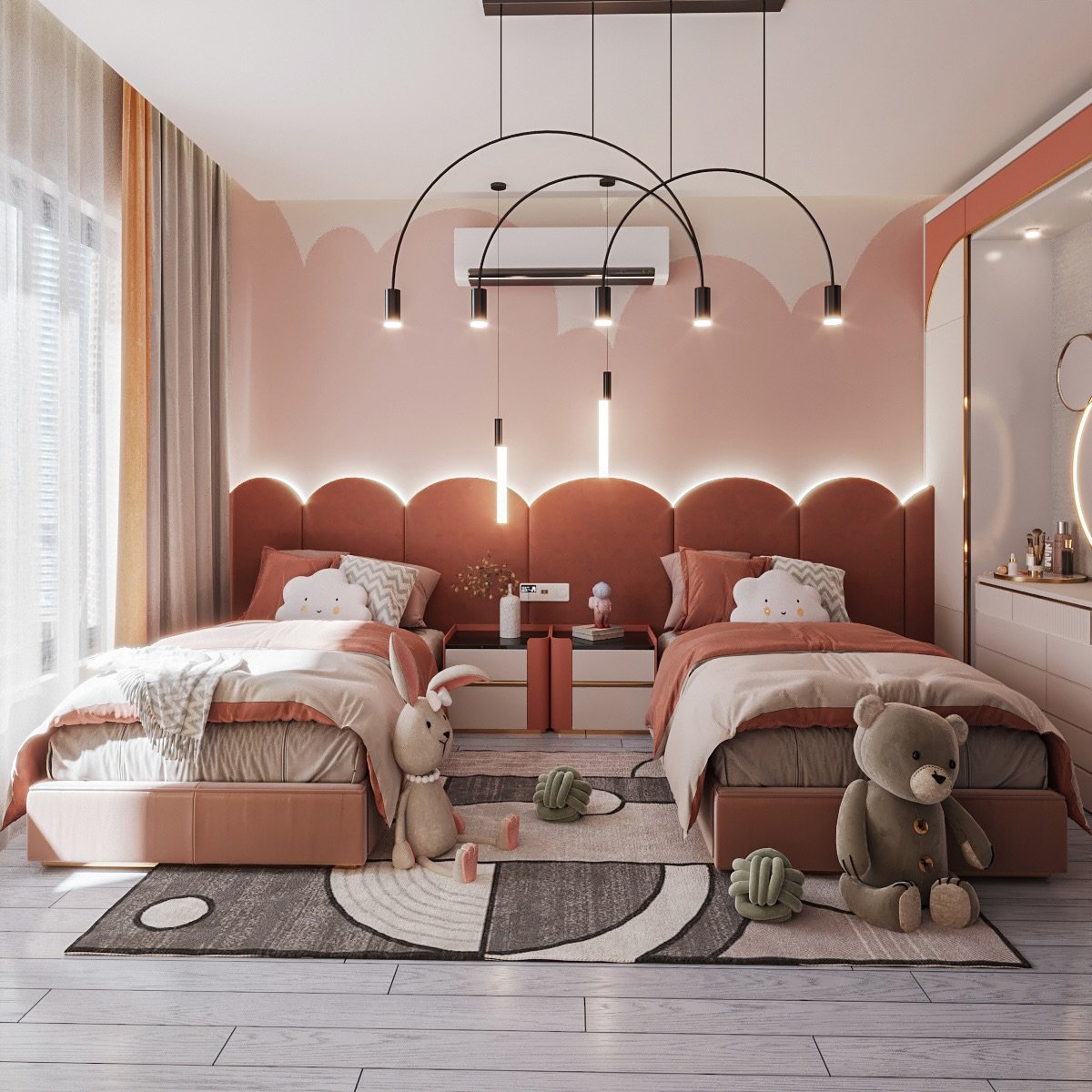A modern twin bedroom with two beds, a continuous pink scalloped headboard, and a cloud-like mural on the wall.