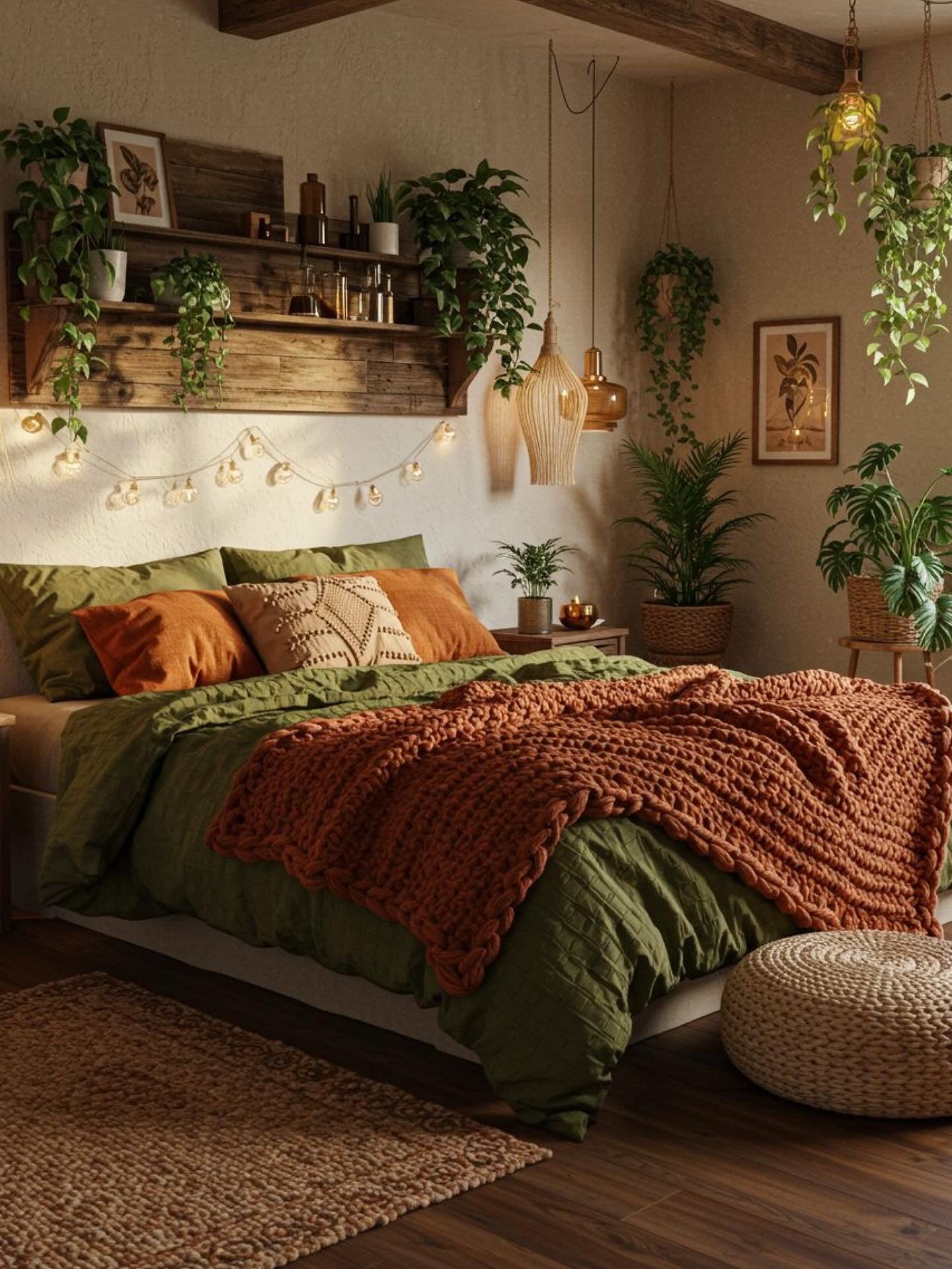 A cozy boho bedroom with a green and burnt orange color scheme, a rustic wooden shelf above the bed, and multiple hanging plants.