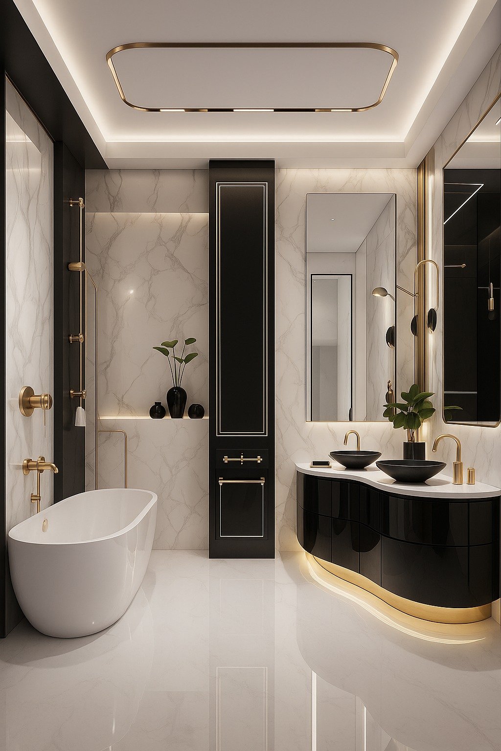 A glamorous bathroom with a black, white, and gold color scheme, featuring a wavy black vanity, marble walls, and a freestanding tub.