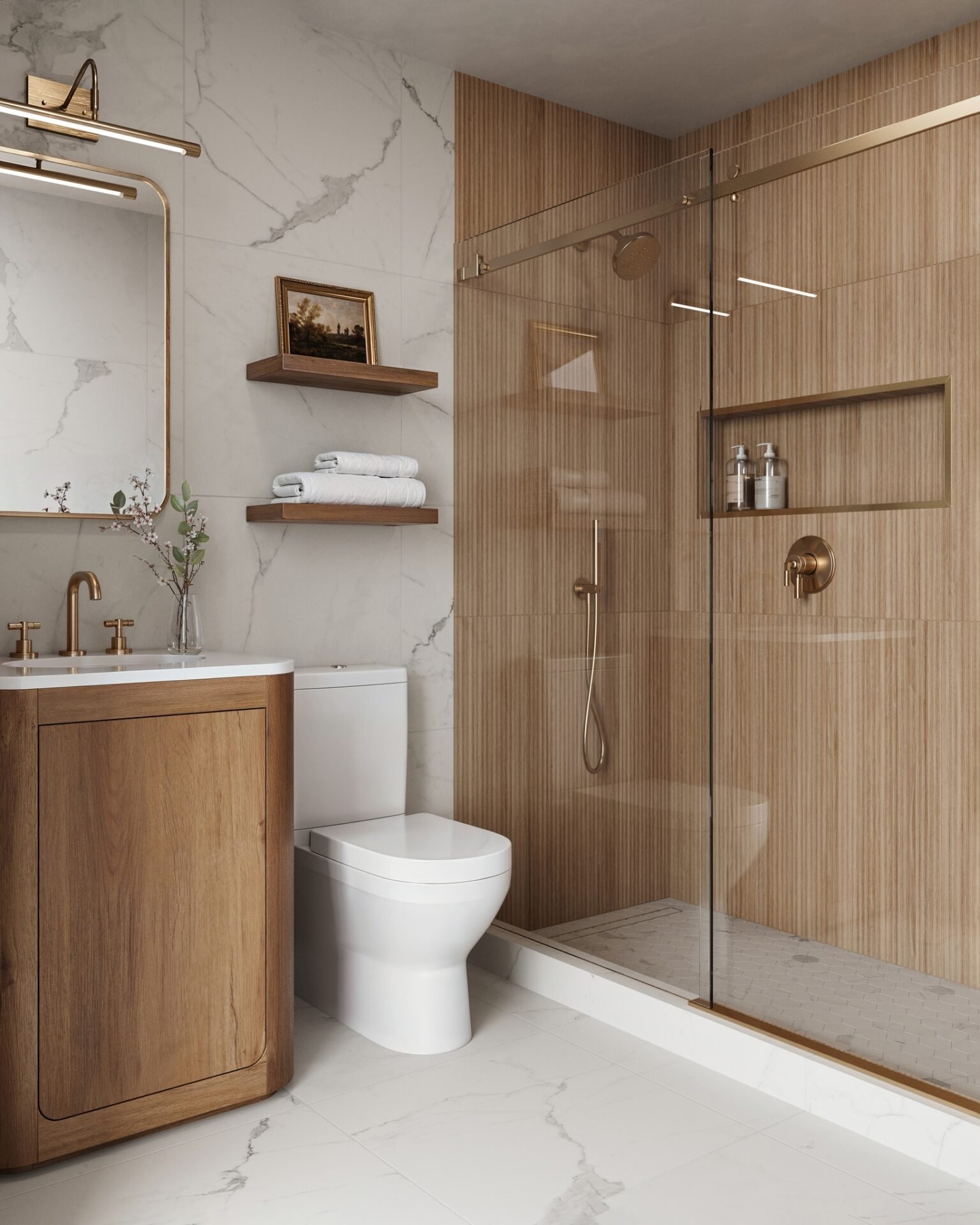 A contemporary bathroom with white marble walls, wood-grain shower tiles, a wood vanity, and gold hardware.