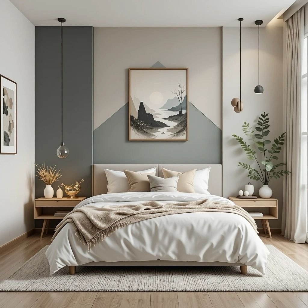 A cozy, minimalist bedroom with a large, tranquil landscape painting above the bed and a two-toned geometric accent wall.