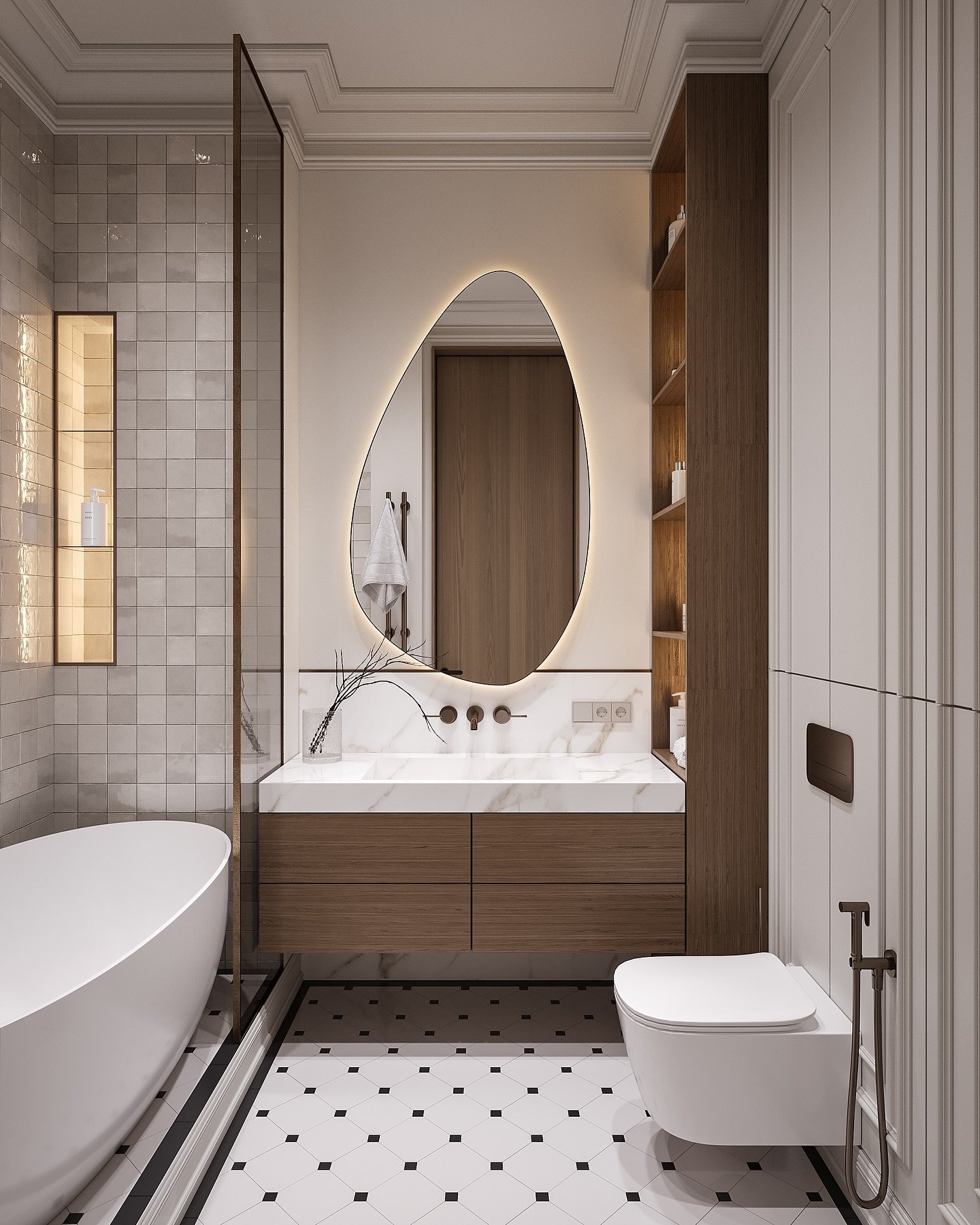 A stylish bathroom with a black-and-white patterned floor, a freestanding tub, a wood vanity with a marble top, and a unique backlit mirror.