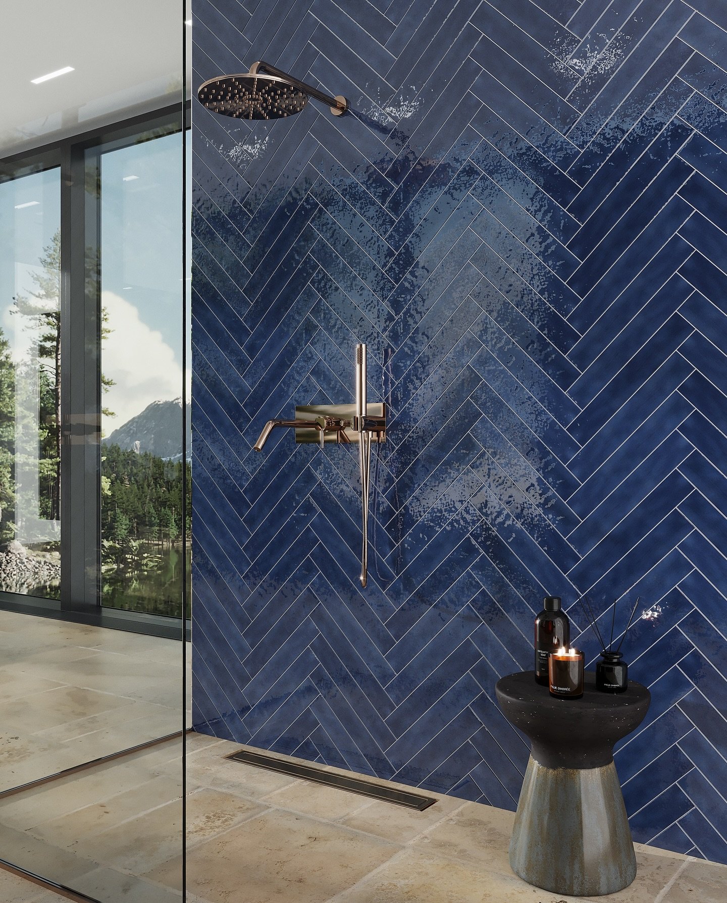 A luxurious walk-in shower with a wall of glossy, deep navy blue subway tiles laid in a herringbone pattern and high-polish rose gold/copper fixtures.