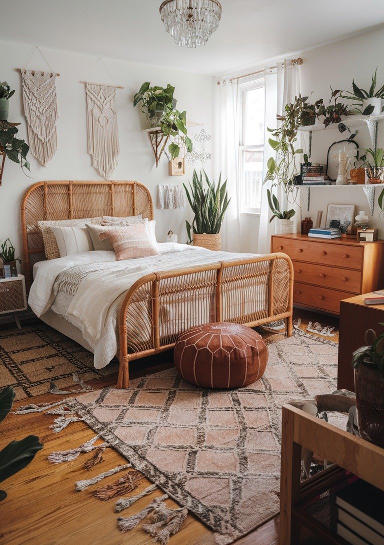 A boho bedroom featuring a prominent rattan bed frame, a leather pouf, and numerous plants on floating shelves.