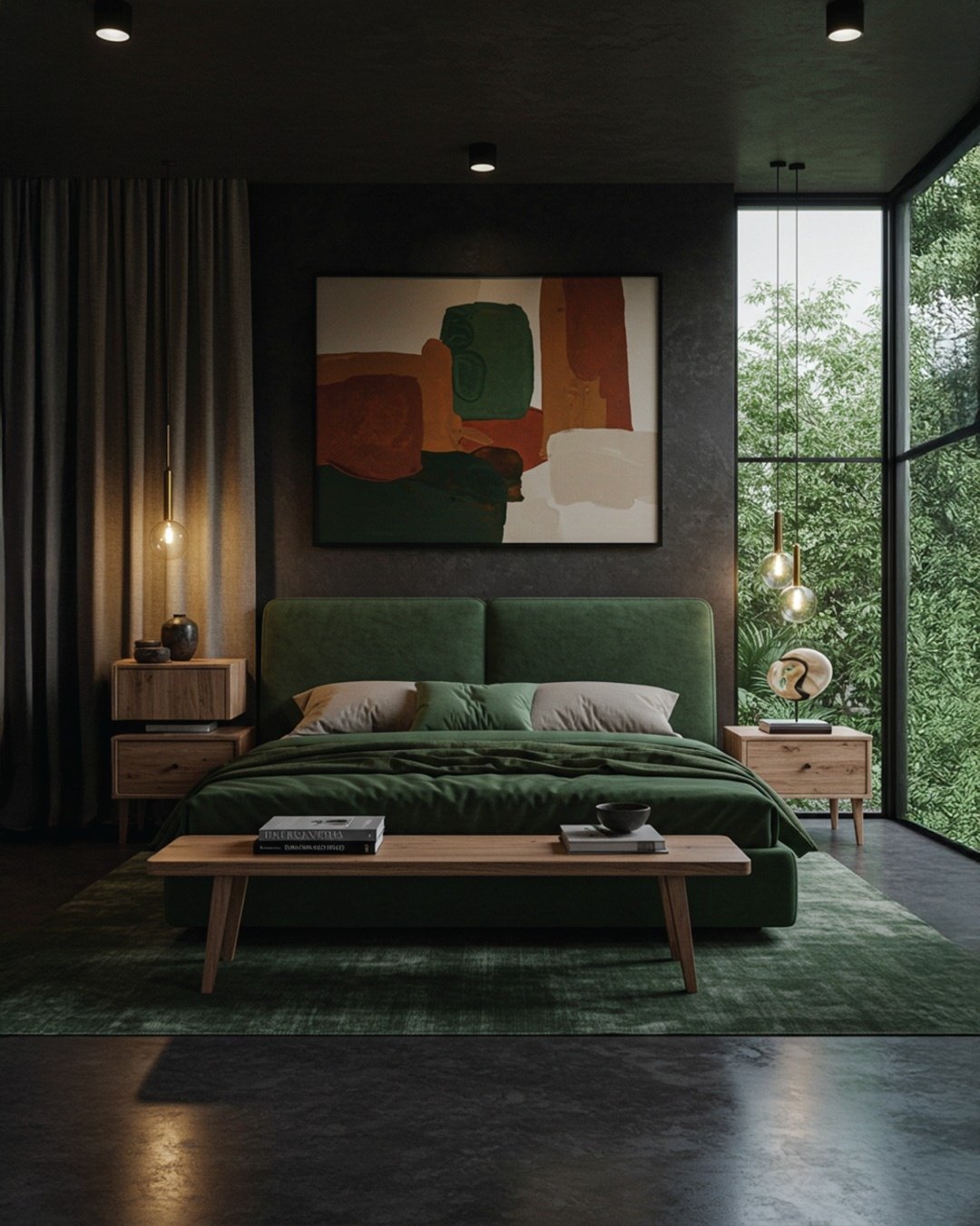 A modern bedroom featuring a dark green textured accent wall behind a bed with white bedding and black pendant lights.