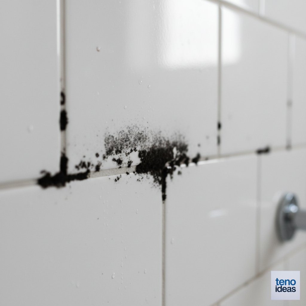 Close-up photo showing black mold growing along white bathroom tile grout lines