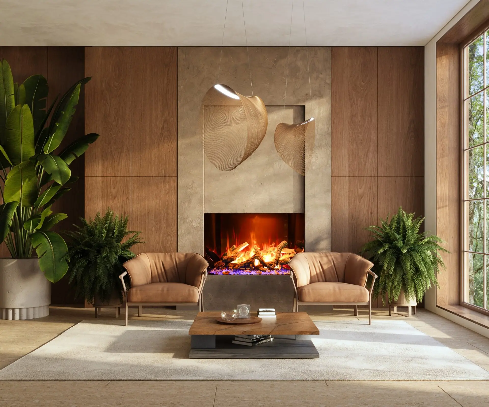 Wide linear electric fireplace recessed into a concrete-look accent wall, flanked by indoor plants and two modern leather armchairs.