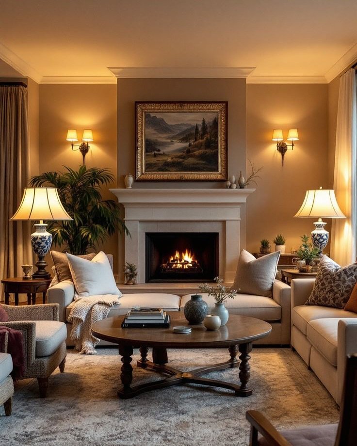 Traditional living room with a beige stone fireplace, symmetrical wall sconces, large framed landscape art, and soft layered lighting.