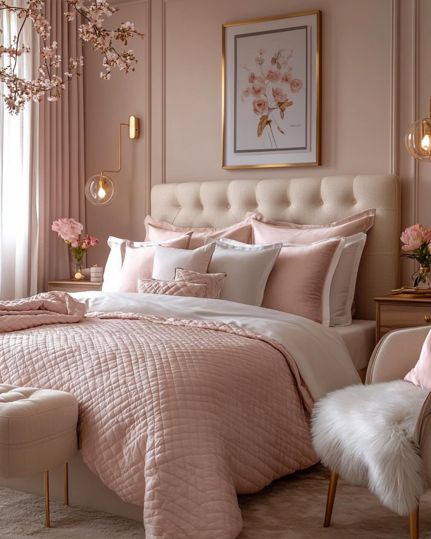Elegant bedroom in soft pink tones featuring tufted headboard, quilted bedding, and gold lighting fixtures.