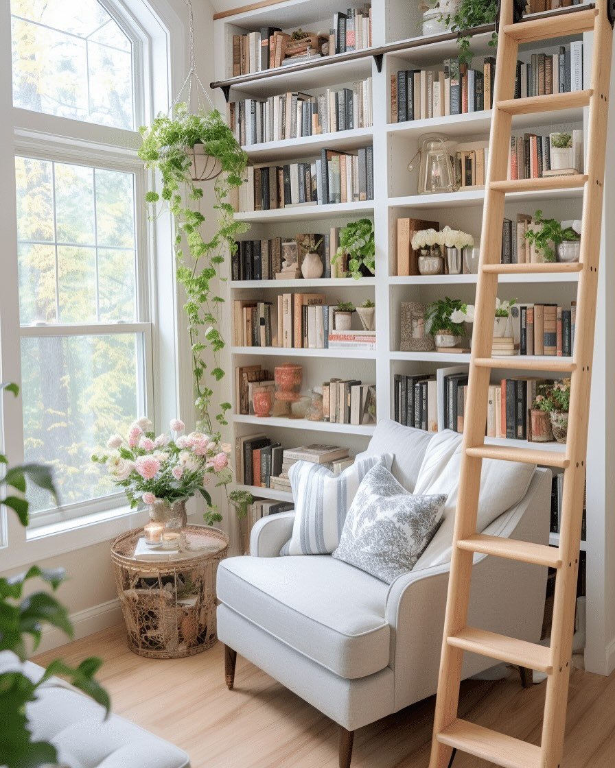 Cozy reading corner with white built-in bookshelves, a rolling wooden library ladder, a plush light gray armchair, and a large window.