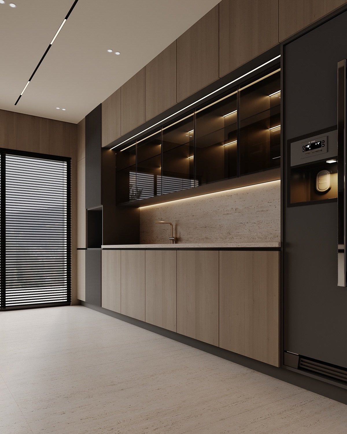 A modern kitchen featuring warm light wood cabinets, dark grey accents, integrated appliances, and a full-height window with horizontal blinds.