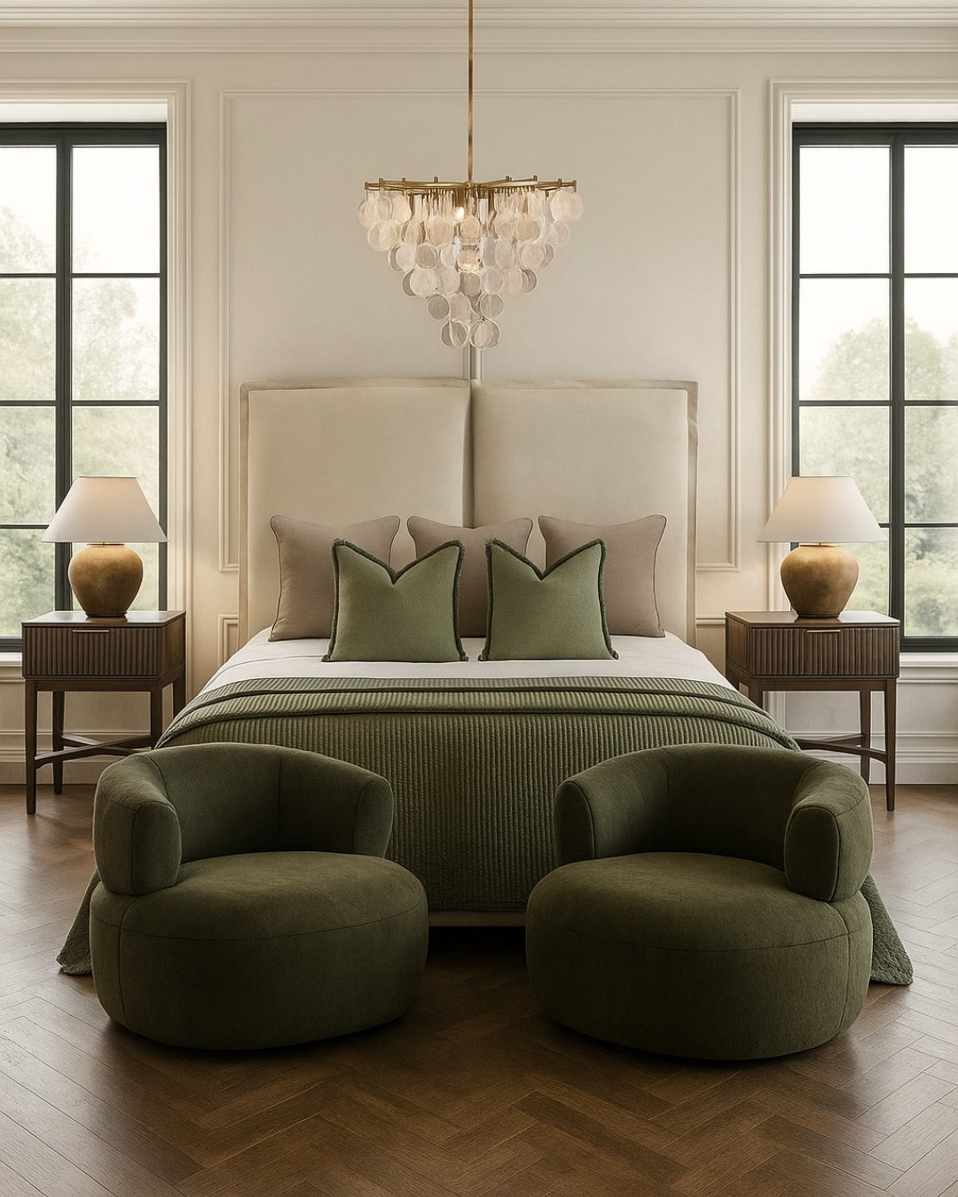 A luxurious bedroom with cream walls, a large upholstered bed, and two plush olive green armchairs at the foot of the bed.
