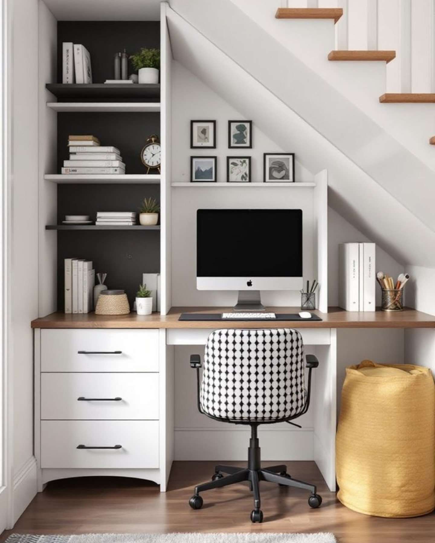White desk and drawers with a wooden countertop and black-and-white shelving under a stairwell.
