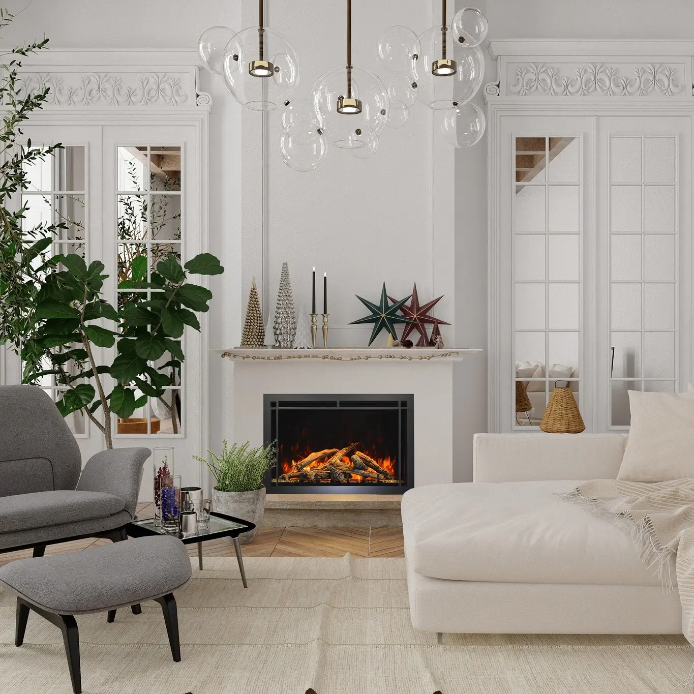 White decorative mantel and hearth surrounding a black electric firebox with realistic glowing logs, set between two tall, ornate white built-in cupboards or doors.