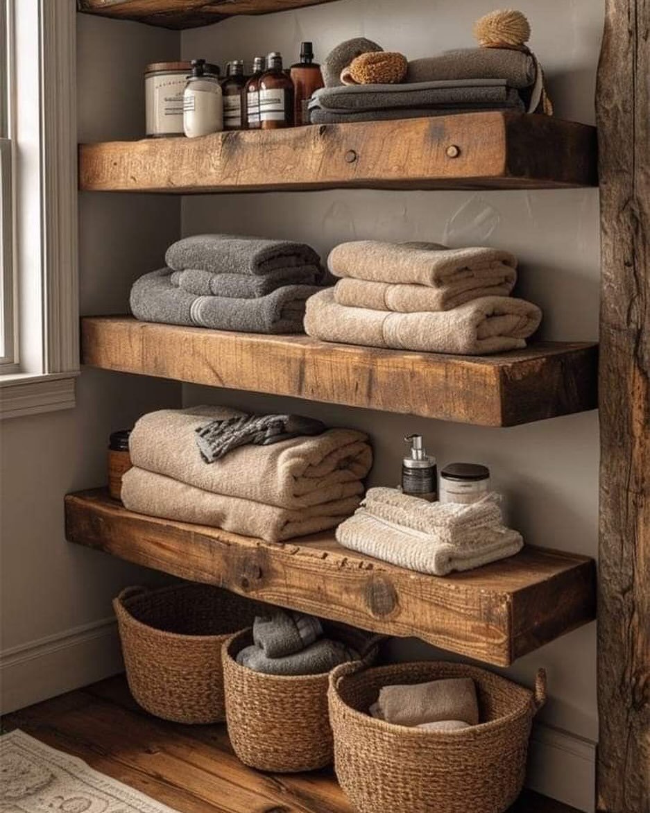 Four deeply textured, dark wood floating shelves stacked vertically, styled with stacks of gray and beige folded towels and three woven baskets underneath.