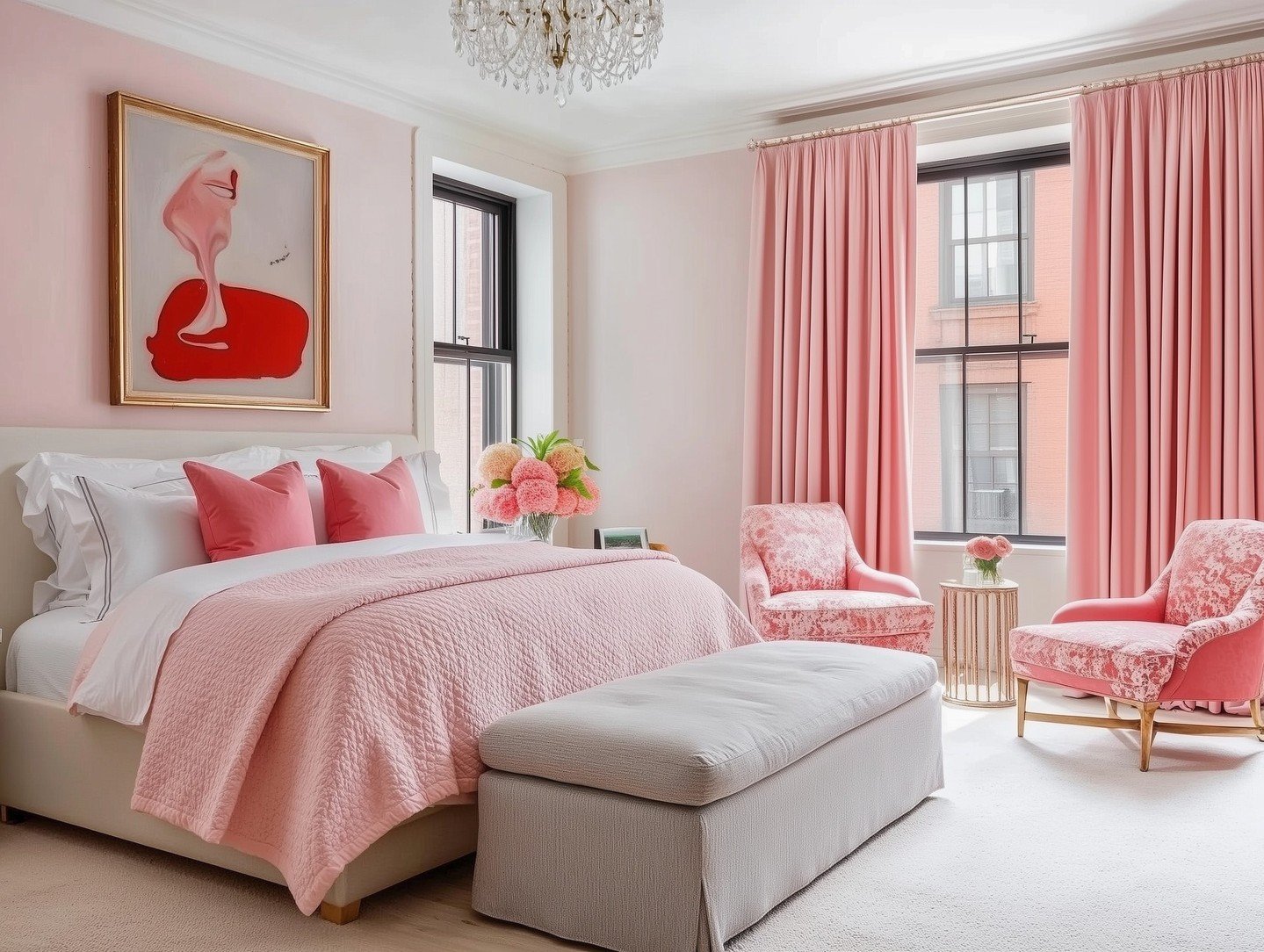 A sophisticated bedroom with pale pink walls, floor-to-ceiling pink drapery, two patterned pink armchairs, and a large abstract painting.