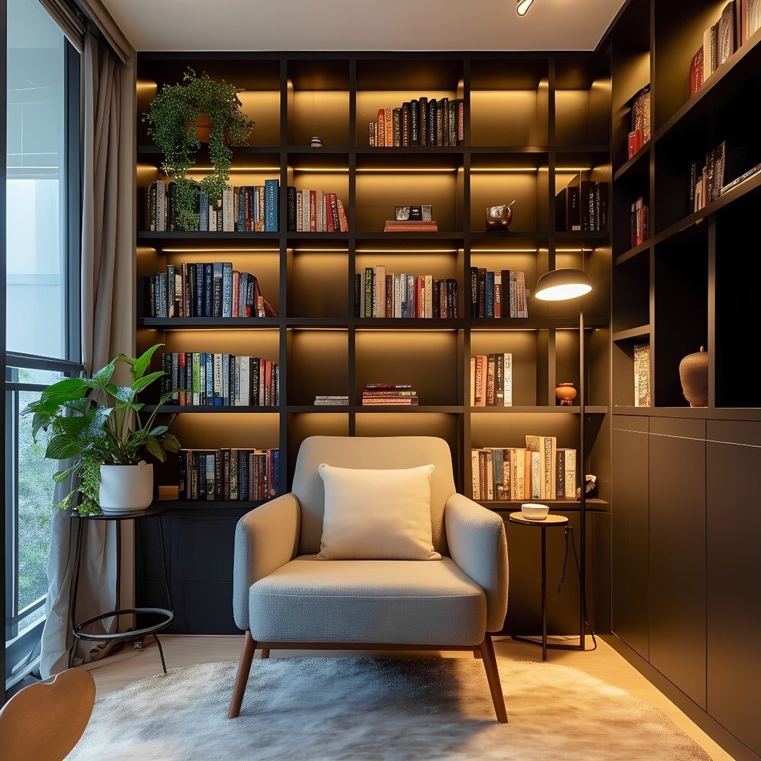 A cozy reading corner with a comfortable light gray armchair centered in front of a floor-to-ceiling dark wood or black bookshelf, which has warm LED strip lighting integrated into every shelf.