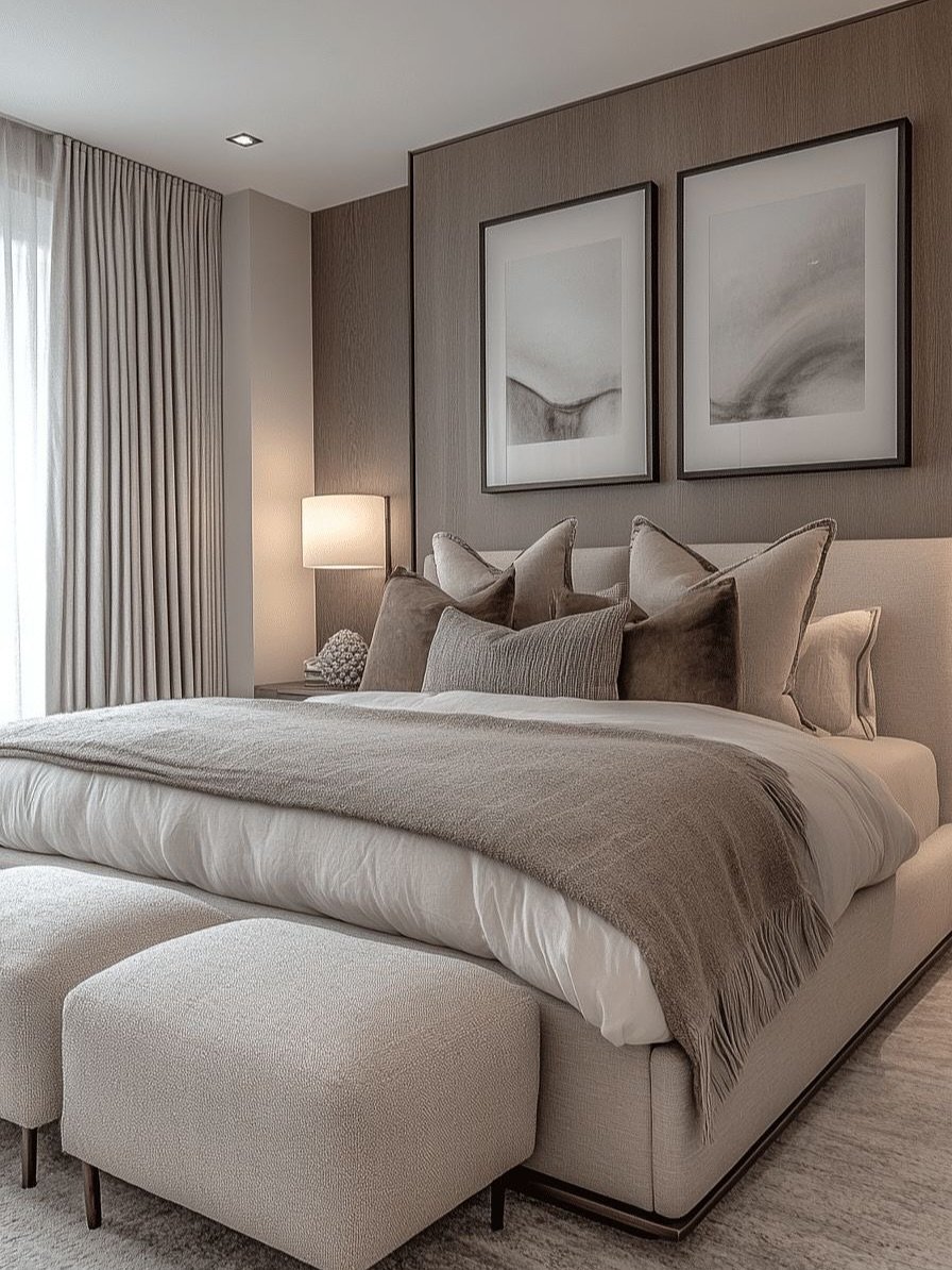 A luxurious neutral bedroom with a dark accent wall and two small, square, light-beige textured upholstered ottomans at the foot of the large bed.