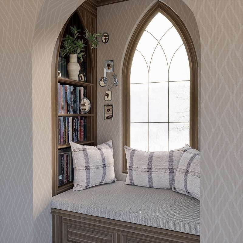 Architectural reading nook with a cushioned window seat, featuring a dramatic Gothic arched window and built-in dark wood corner shelves.