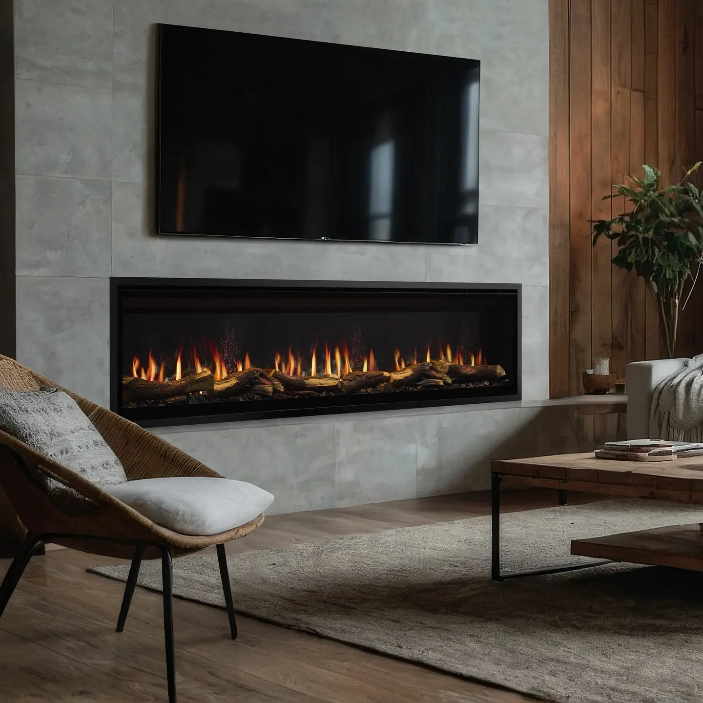 Contemporary living room with a feature wall made of large grey tiles and rustic wood, showcasing an extra-long linear electric fireplace with logs and a mounted flatscreen TV.