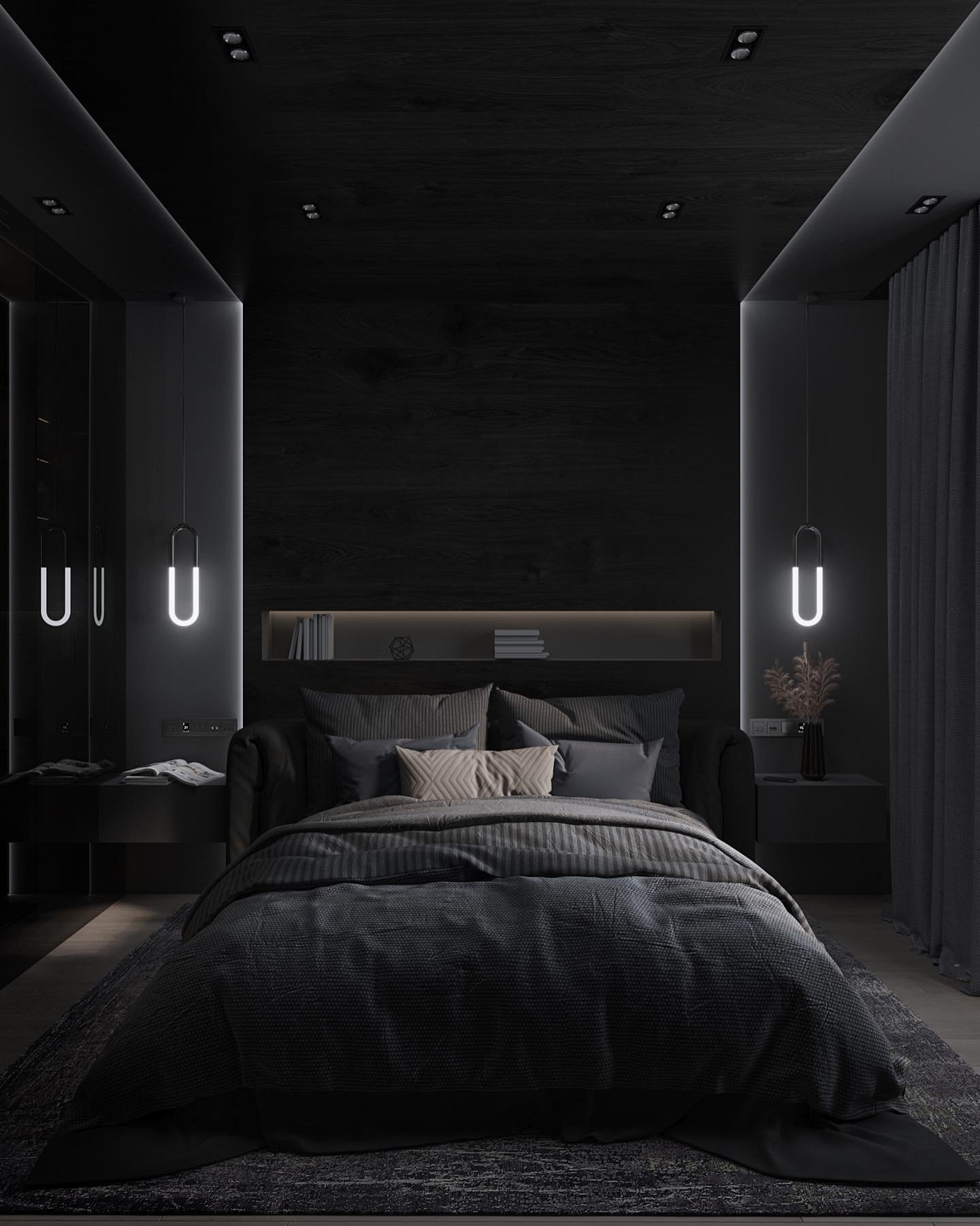 Ultra-dark, contemporary bedroom featuring a black wood-paneled wall, black bedding, subtle perimeter lighting, and glowing linear pendant lights on either side of the bed.