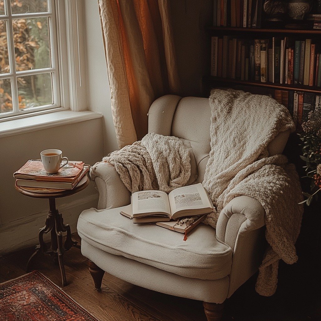 Intimate reading nook with a vintage cream wingback armchair, a chunky knit throw blanket, and a dark wood side table by a window.