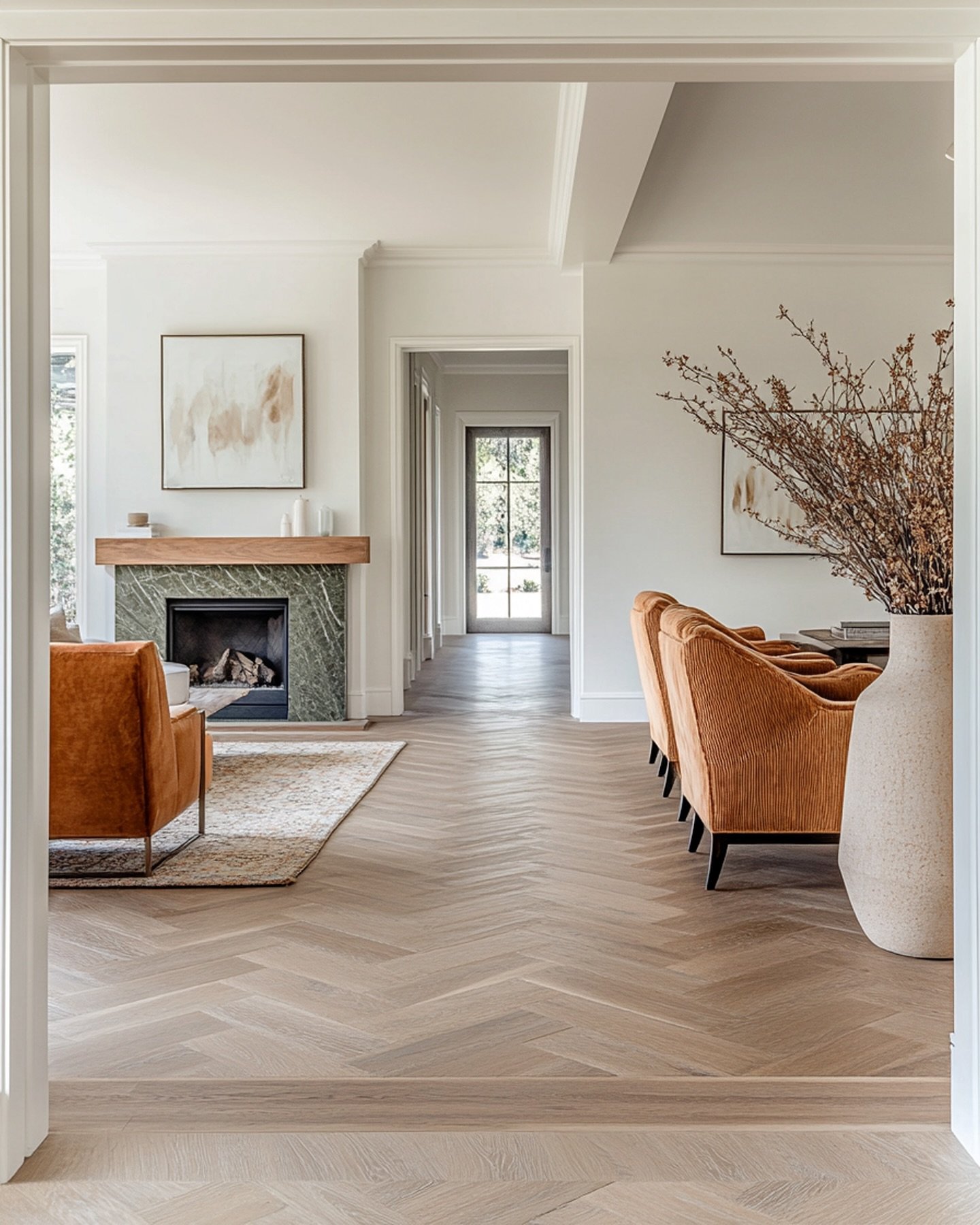 Open-concept living room with light herringbone wood floors, a fireplace clad in dark green marble, and rich rust-colored velvet armchairs.