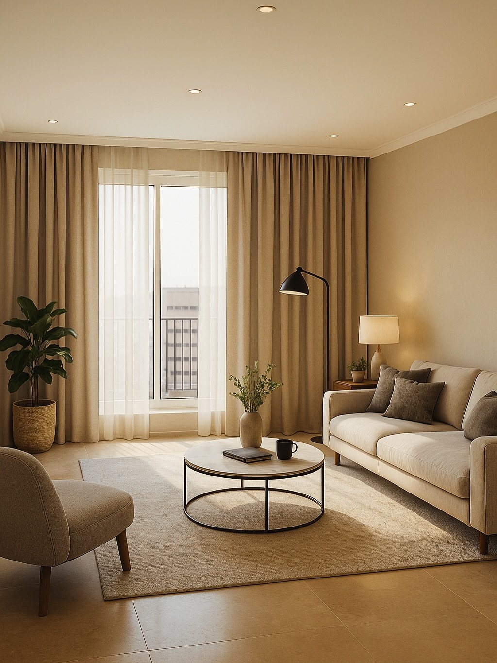 A small, sunlit living room featuring a neutral beige sofa, a round marble-top coffee table, and heavy taupe curtains framing a glass door.