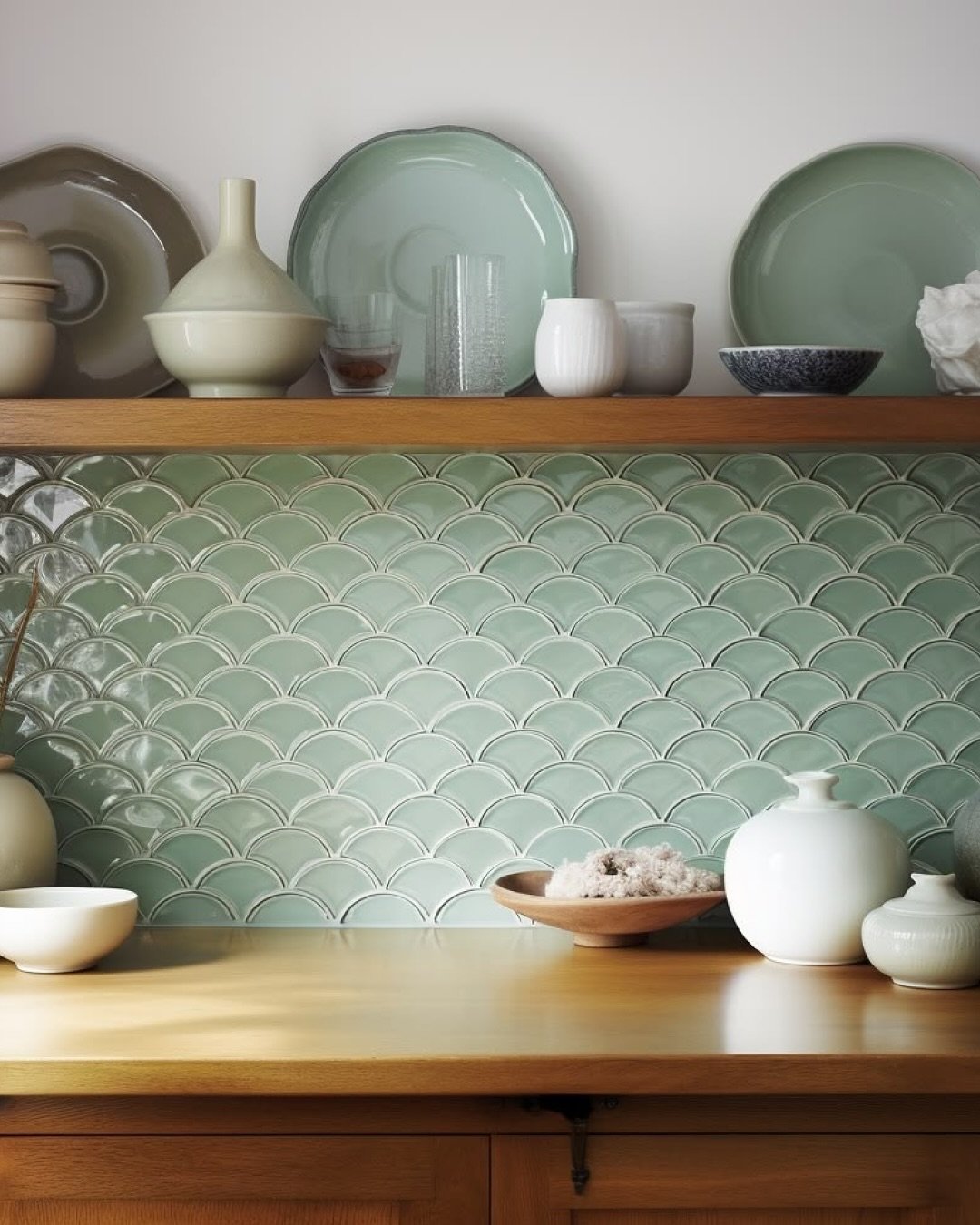 Close-up of a kitchen backsplash featuring glossy, mint green fish scale or scallop tiles with white grout, paired with warm wooden countertops and shelving.