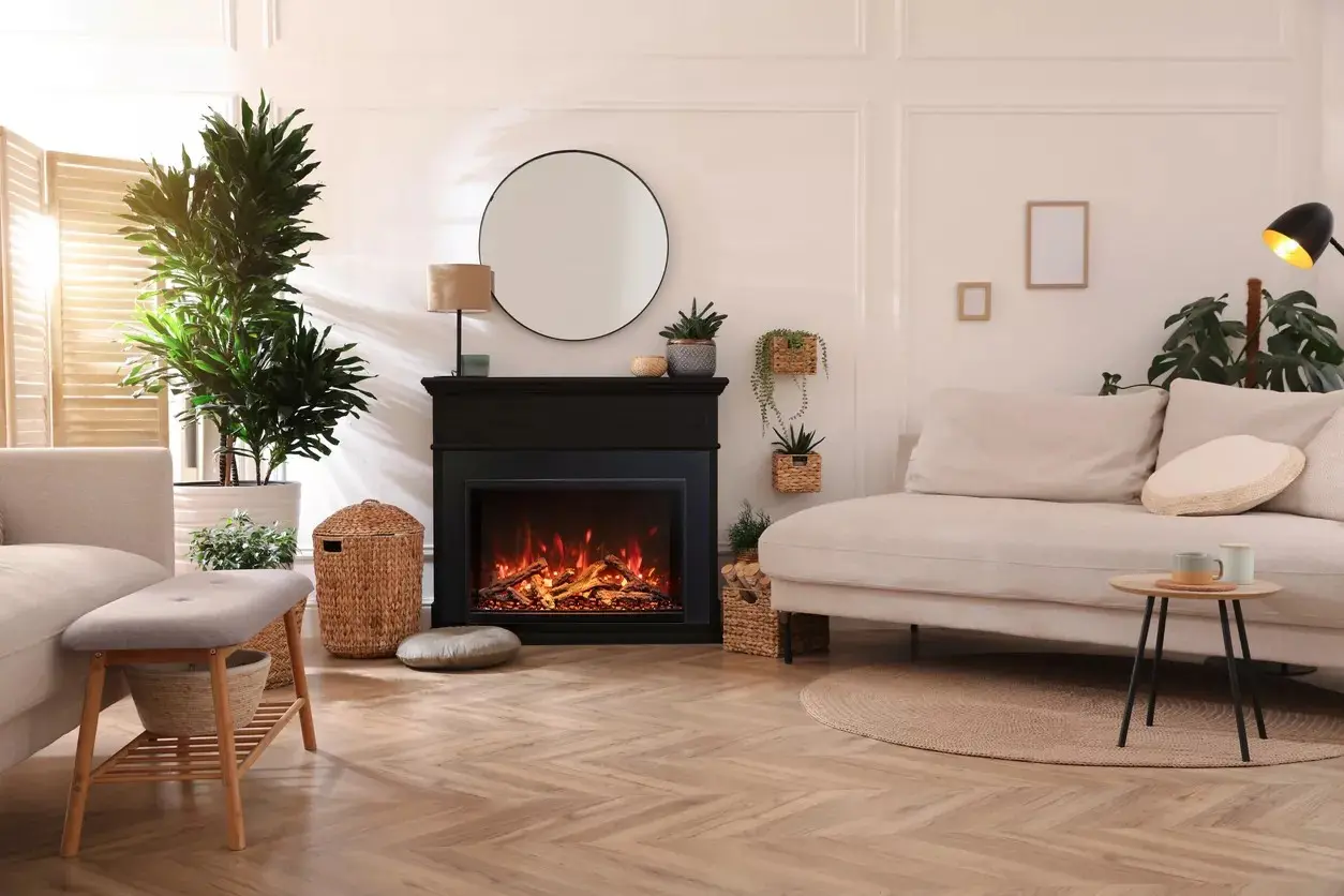 Black freestanding electric fireplace mantel with bright flame effects, styled with a round mirror and potted plants in a bright, modern living room with light wood floors.