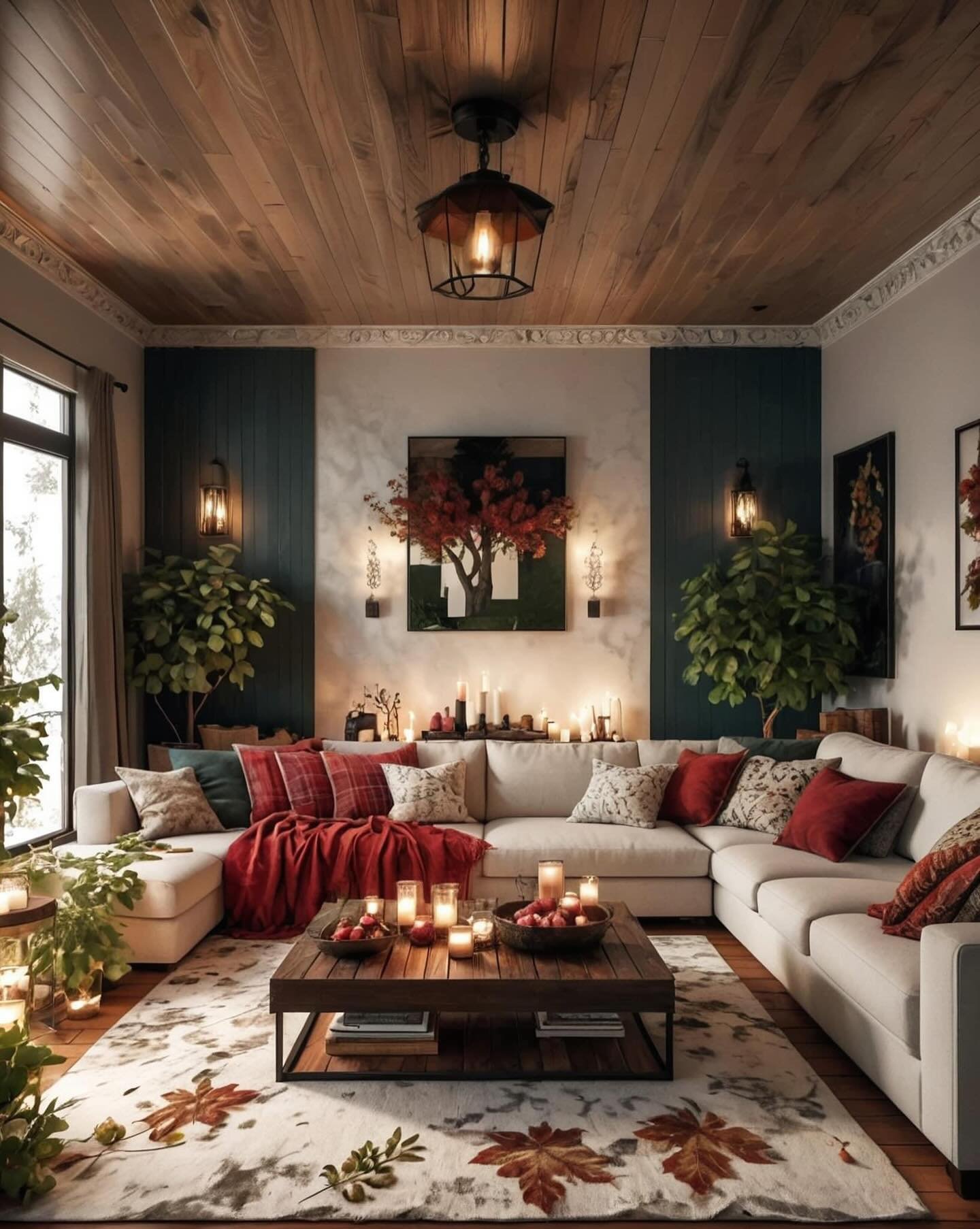 A cozy, lodge-style living room with a wood plank ceiling, a white sectional sofa, rich red and tartan throw pillows, and dozens of glowing pillar candles.