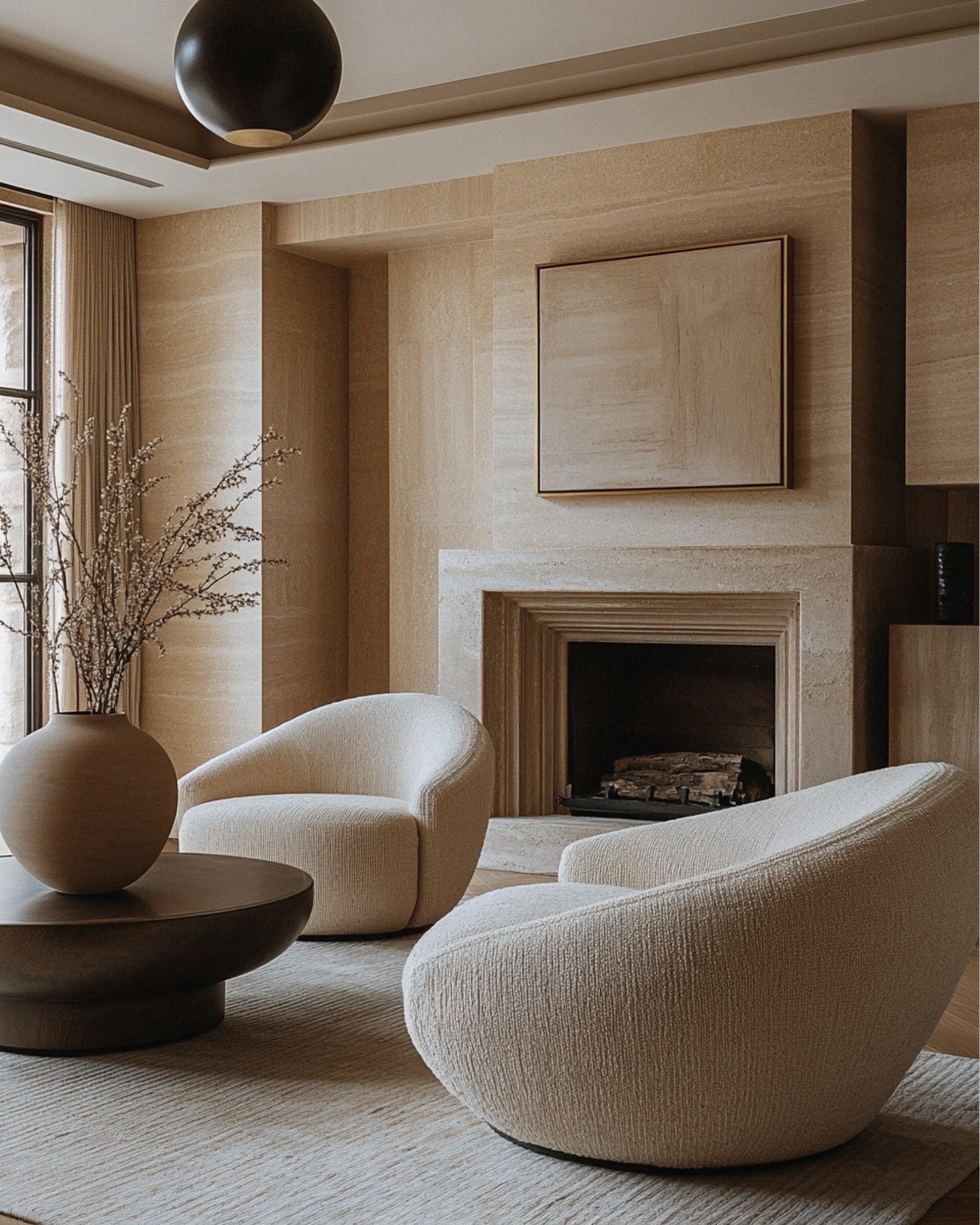 Minimalist living room dominated by beige and cream tones, featuring a travertine stone fireplace, round bouclé chairs, and a dark wood coffee table.