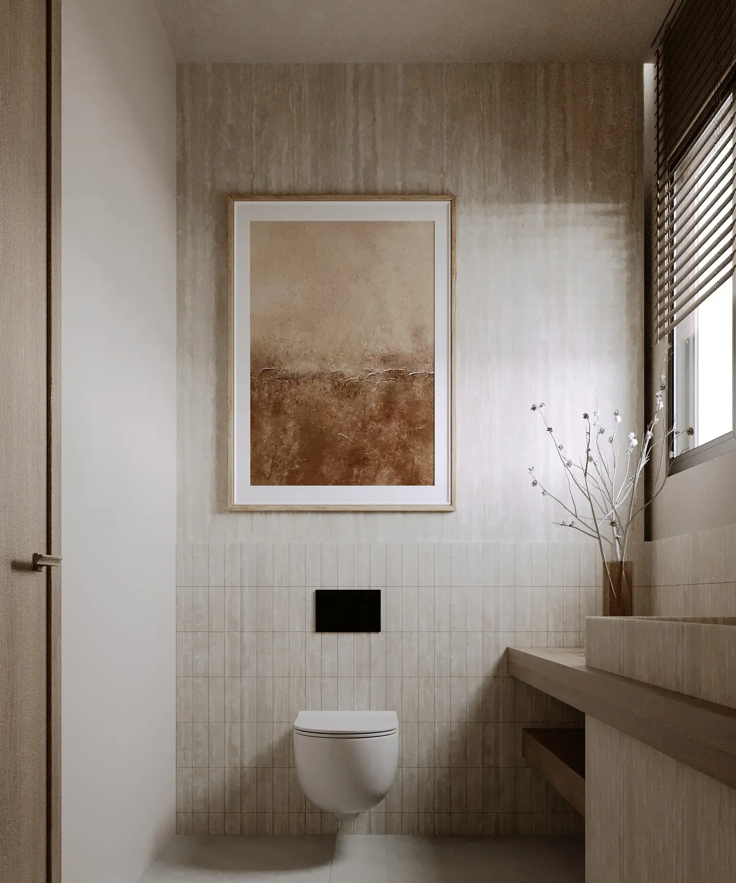A contemporary bathroom in neutral tones, featuring an abstract painting in browns and beige hanging over a wall-mounted toilet.