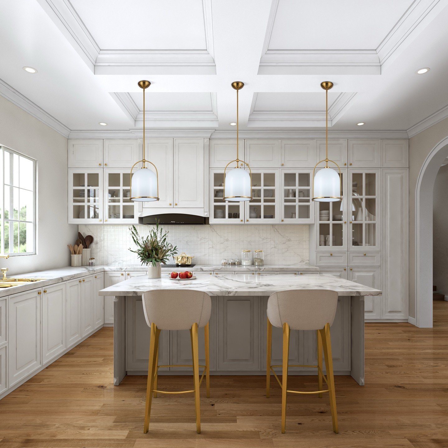Single large globe pendant made of textured glass with trapped air bubbles over a kitchen island.