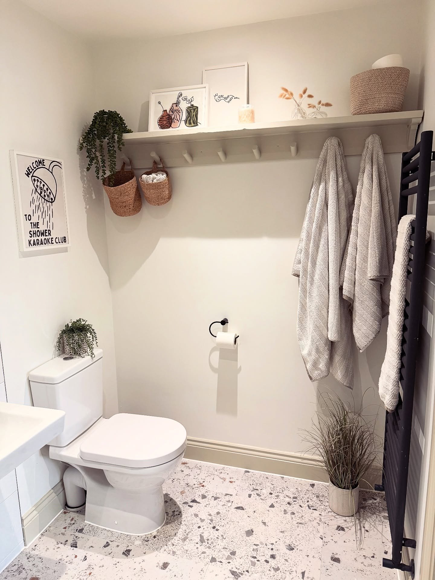 A single white wooden shelf with a built-in Shaker-style peg rail underneath, styled with framed art and hanging baskets, situated over a toilet.