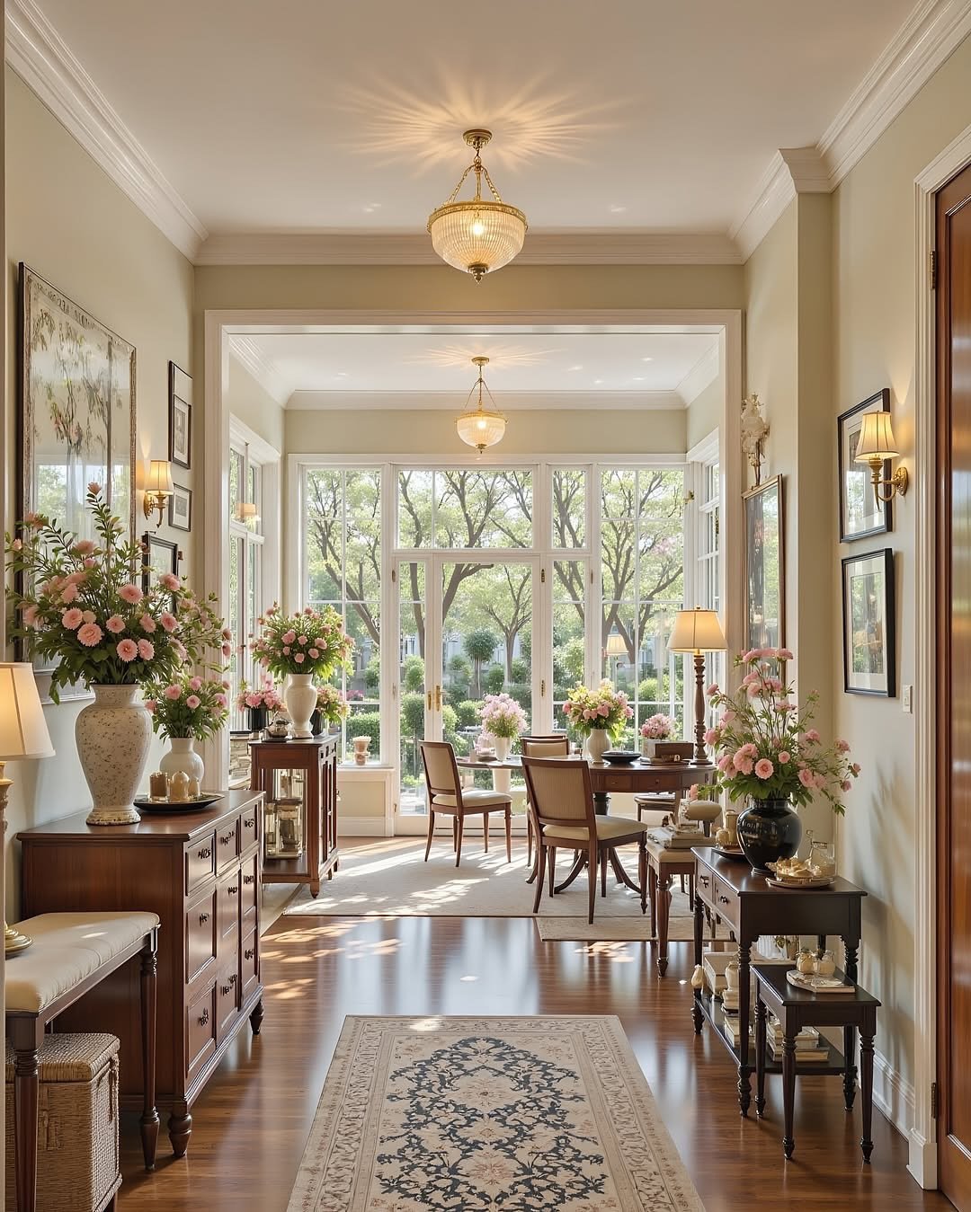 A long, traditional hallway with dark wood furniture, many fresh pink flower arrangements, brass wall sconces, and a patterned runner rug.