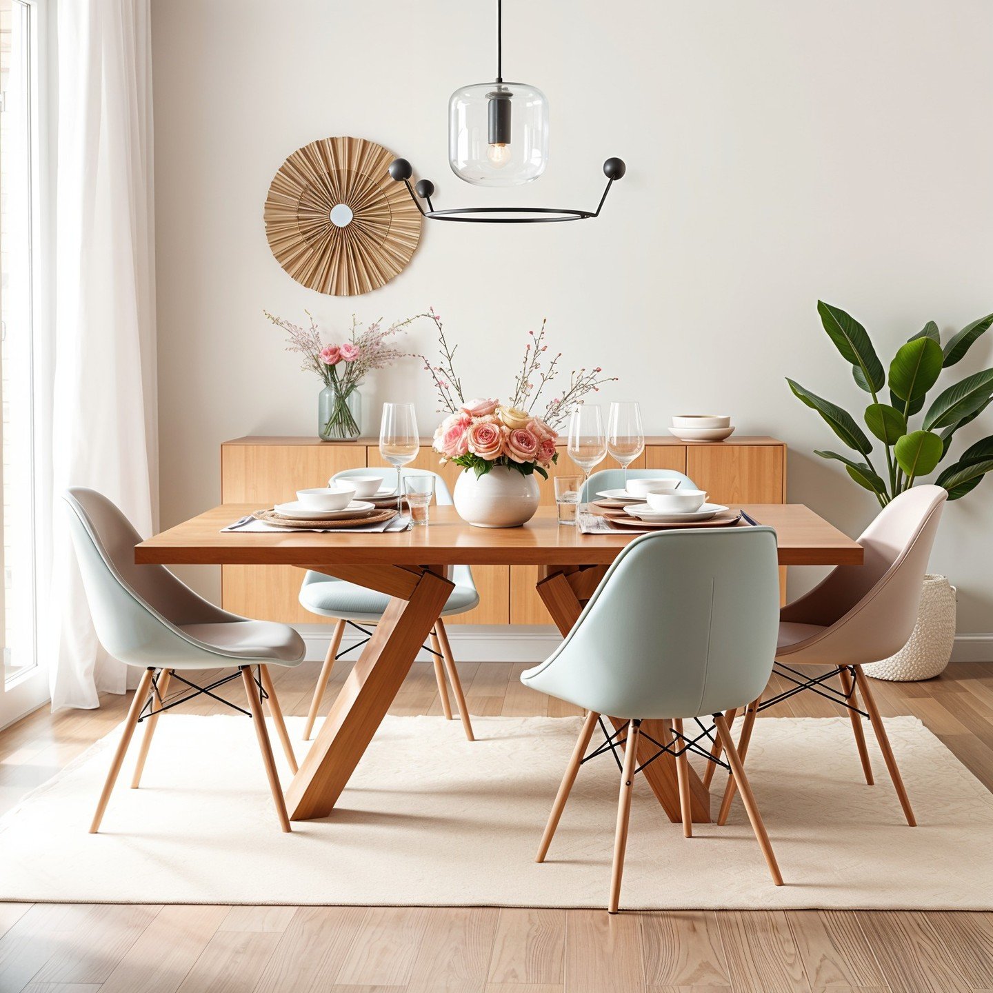 A bright Scandinavian-style dining room with a light wood table featuring an angled base, pastel blue and pink Eames-style chairs, and a sleek glass pendant light.