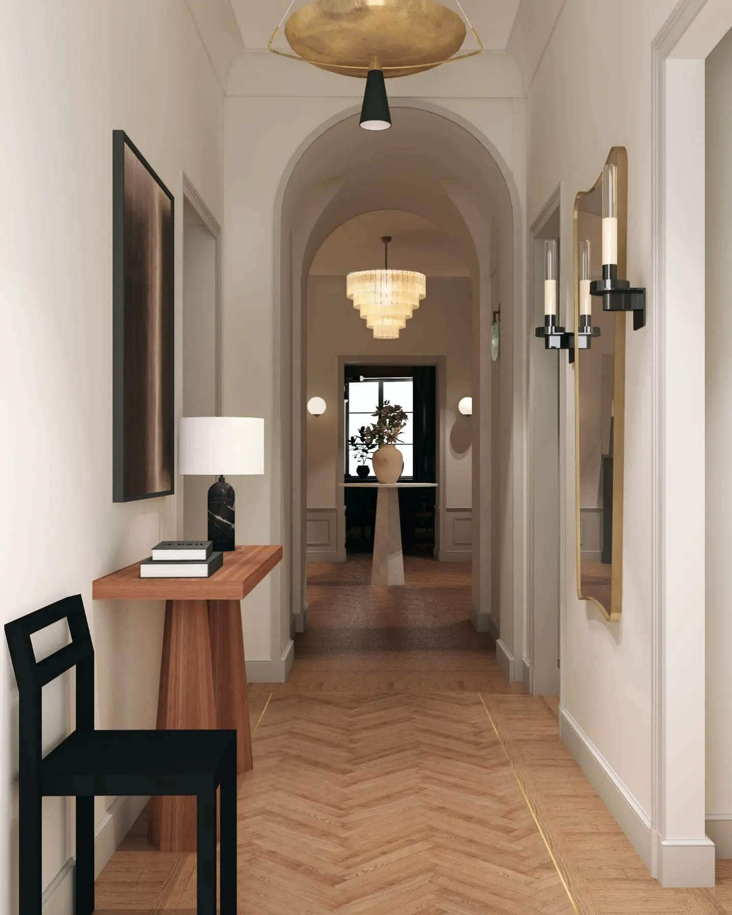 Modern hallway with chevron wood floors, a gold floor inlay, an arched ceiling opening, a black and brass saucer pendant, black wall sconces, and a tiered chandelier visible in the distance